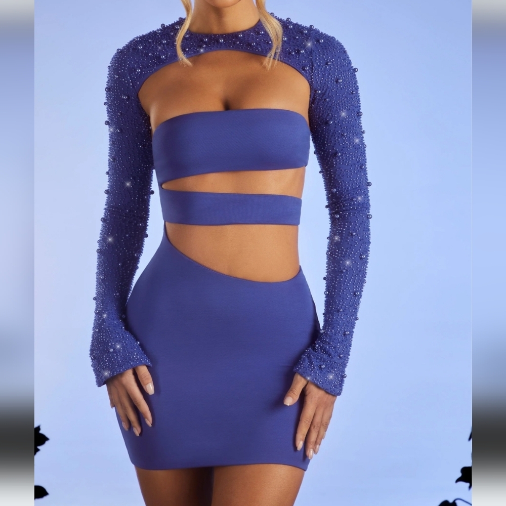 Elegant Blue Cutout Dress with Beaded Sleeves